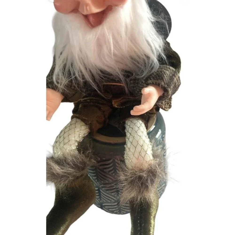 Christmas Pixie Elf Doll Gnome Gold Braid Trim Posable Hanging Bells Brown Plaid